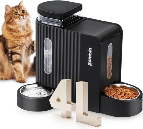 ZOMISIA Alimentador de gravedad para gatos y dispensador de agua con cuencos de acero inoxidable 304, alimentador automático 2 en 1 para gatos con