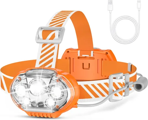 MIOISY Faro recargable, linterna de cabeza de 5 LED de alto brillo con luz roja y blanca, faro impermeable IPX4, linterna de cabeza de 8 modos para