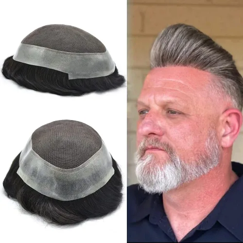 Miniatura 14 de Tupé para hombre, pieza de cabello humano real, encaje francés con piel de poliéster alrededor del sistema de cabello, 8 x 10 pulgadas, unidad