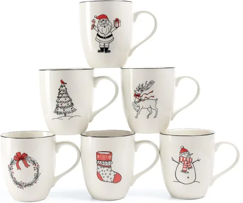 Miniatura 8 de Juego de tazas de café navideñas de cerámica LEHAHA, juego de 6 tazas de 16 onzas para las fiestas, tazas de café para festivales con saludos