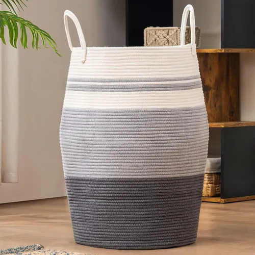 Miniatura 10 de Cesta de lavandería de cuerda de algodón YOUDENOVA, 105 l - Cesta de lavandería tejida plegable - Cesta de almacenamiento de ropa para cobijas