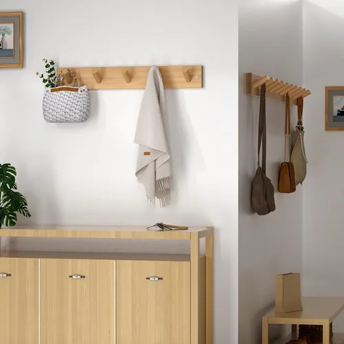 Miniatura 2 de SKOLOO Perchero de Pared de Bambú Montado en la Pared, 16 Pulgadas de Agujero a Agujero, 5 Clavos de Bambú para Pared para Colgar Ropas, Batas