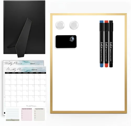 Miniatura 13 de Pizarra blanca pequeña de 12 x 16 pulgadas magnética de borrado en seco con asa Marco de aluminio negro Pizarra planificadora de doble cara