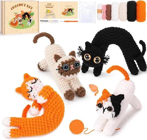 Miniatura 9 de Fortuning's JDS Kit de ganchillo para principiantes, paquete de 4 divertidos kits de ganchillo para gatos, kit de ganchillo para principiantes