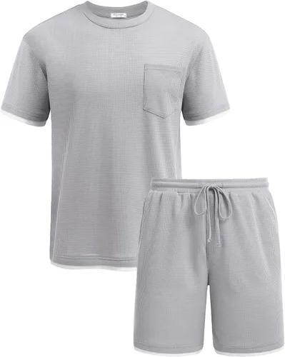 Miniatura 23 de COOFANDY Conjunto de camisa y pantalones cortos de gofre para hombre, conjunto de 2 piezas, conjunto casual de verano con bolsillos