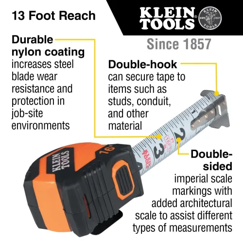 Miniatura 2 de Klein Tools Cinta métrica 9516, cinta métrica imperial compacta de doble gancho de 16 pies con freno de dedo, hoja de nailon, líneas llamativas