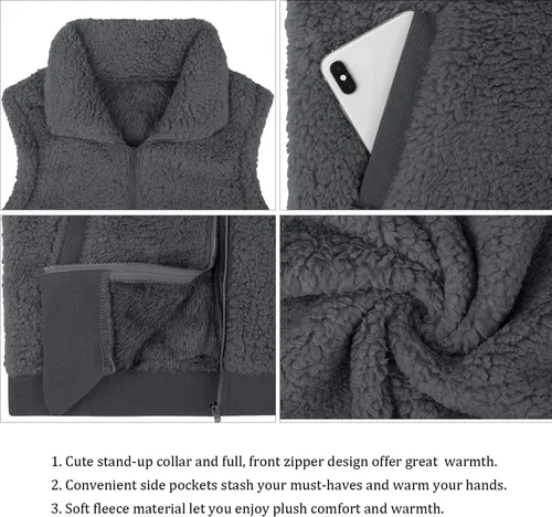 Miniatura 5 de LOMON Chaleco de forro polar mullido para mujer, casual, cálido, sin mangas, con cremallera, con bolsillos, para otoñoinvierno
