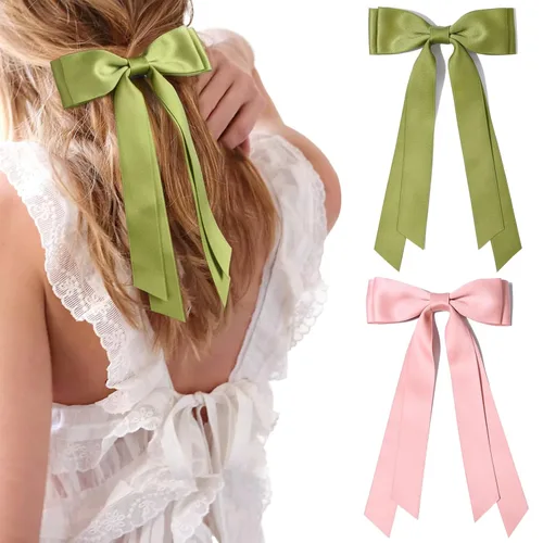 Miniatura 28 de Aileam 2 piezas lazos de cabello de satén sedoso, pinza para cabello, cinta blanca para cabello, sujetador de cola de caballo, accesorios, Blanco