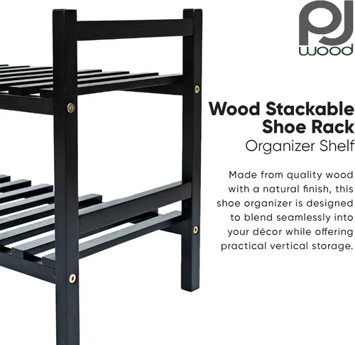 Miniatura 4 de PJ Wood Organizador apilable de madera para almacenamiento de armarios, estantes de entrada, armario escalonado para zapatos, capacidad de 6 pares