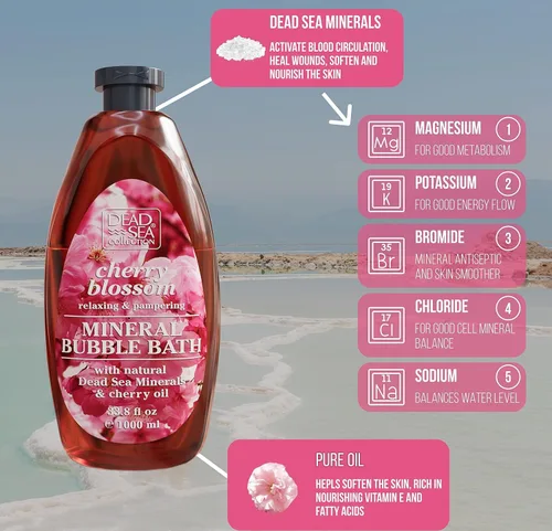 Miniatura 2 de Dead Sea Collection Baño de burbujas con flor de cerezo para mujeres y hombres, aceite de semillas de cereza y sal del mar muerto, piel nutritiva e