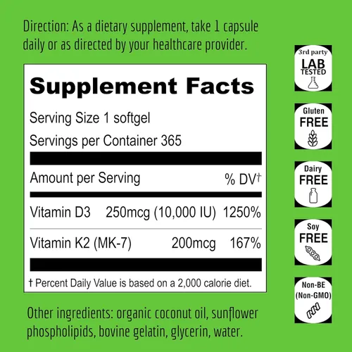 Miniatura 2 de UpNourish Vitamina liposomal D3 K2 10000 UI D3 y K2 MK-7 200 mcg - 365 Vitamina D3 k2 (Vitamina D3 con K2) Mini cápsulas blandas - Suplemento