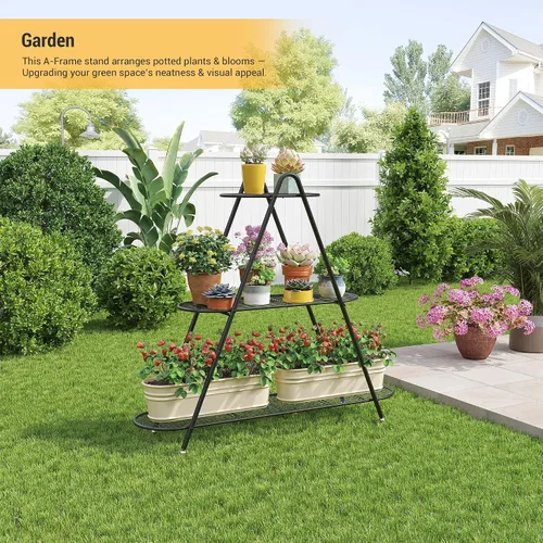 Miniatura 7 de Soporte de 3 niveles para plantas, estante de metal para plantas, resistente para interiores y exteriores, estante para múltiples macetas