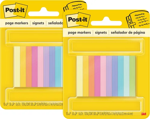 Post-it Marcadores de página, colores brillantes surtidos, 1/2 x 2 pulgadas, 50 marcadores/bloc, 10 blocs por paquete (670-10AB) (paquete de 2)