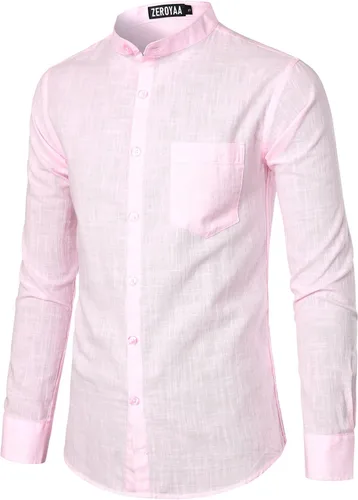 Miniatura 3 de ZEROYAA Camisas de algodón y lino de manga larga con botones y bolsillo para hombre