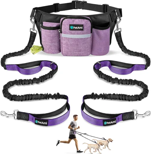PetAmi Correa de perro con manos libres de alta calidad para 2 perros, correa de cinturón ajustable para pasear perros, riñonera con bolsa de Púrpura