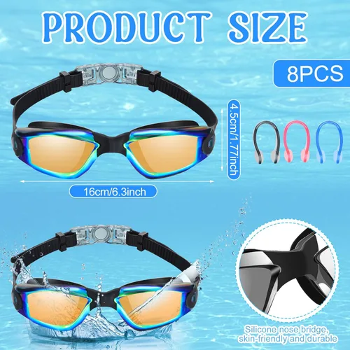 Miniatura 2 de Konohan Paquete de 8 gafas de natación sin fugas para adultos, protección UV, gafas de piscina con clip para la nariz