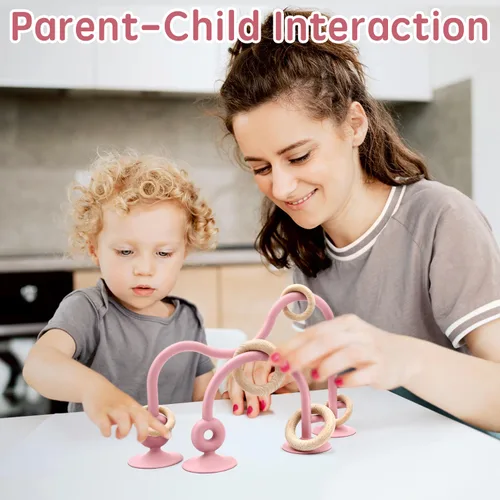 Miniatura 7 de Juguetes sensoriales de succión para silla alta para bebés de 12 a 18 meses, cuerda de silicona de grado alimenticio con lazo de roble, juguete Rosa