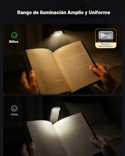 Miniatura 2 de 86lux Luz de Libro, Luz de Lectura LED Recargable con Clip para Uso en Cama y Noche - 3 Temperaturas de Color con Atenuación Continua, Diseño de Gris