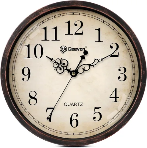 Geevon Reloj de pared retro silencioso de 12 pulgadas, sin tictac, rústico, vintage, de cuarzo, decorativo, funciona con pilas, para cocina,