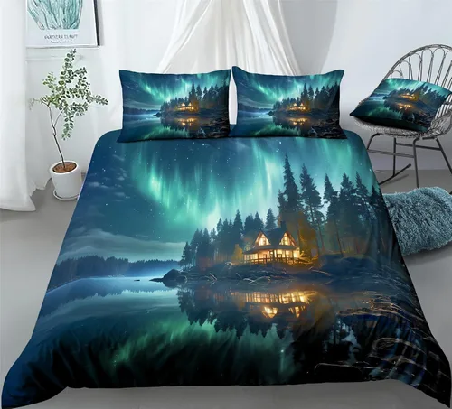 Miniatura 17 de REALIN Hawthorn Bedding - Juego de funda de edredón 3D, juego de cama de bosque japonés y río de montaña de 2/3/4 piezas, fundas de edredón