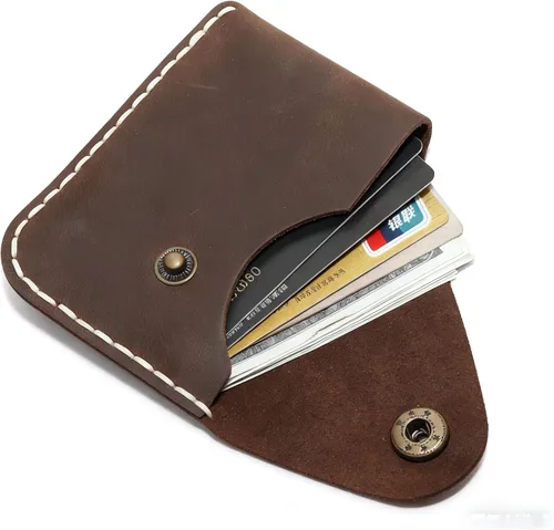 Miniatura 30 de Cartera organizadora de tarjetas de bolsillo frontal cosida a mano minimalista de cuero genuino para tarjetas, billetera con tarjetero pequeño, Negro