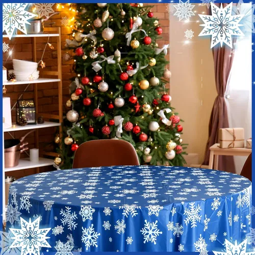 Miniatura 6 de Sliner 3 Piezas Mantel de Navidad de Invierno con Copos de Nieve Mantel de Invierno Redondo de Plástico para Fiesta 83.9 Pulgadas Mantel de Navidad