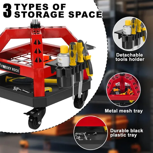 Miniatura 5 de Rolling Shop Taburete con ruedas, silla de taller mecánico de garaje con respaldo de asa, taburete de trabajo de altura ajustable, asiento