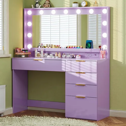 Escritorio de maquillaje con espejo y luces, escritorio de tocador de 39.3 pulgadas con espejo grande, 3 colores de iluminación ajustables, 5