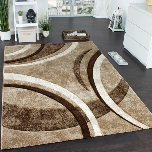 Miniatura 2 de Alfombra de área con patrón de rayas de corte de contorno marrón, beige y mezcla de crema, tamaño: 3 pies 11 pulgadas x 5 pies 7 pulgadas