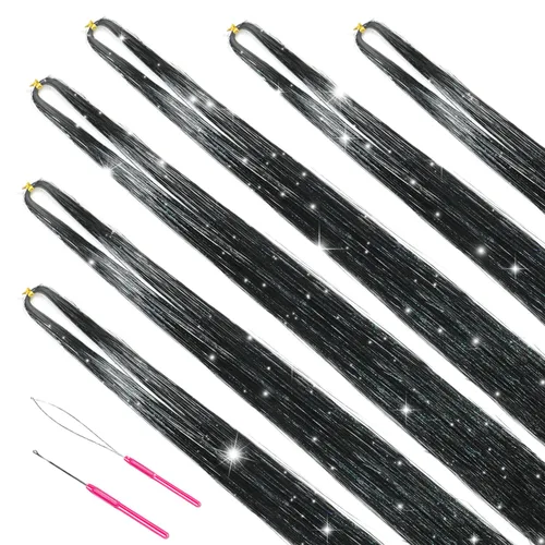 Miniatura 3 de Kit de oropel para el cabello con herramientas de 47 pulgadas, 1200 hebras de extensiones de cabello de oropel con purpurina, kit de mechones