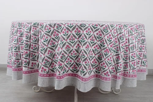 Miniatura 4 de Ridhi Mantel redondo con estampado de bloque a mano, 100% algodón, reutilizable, rosa y blanco, de 110 pulgadas, mantel decorativo para uso diario