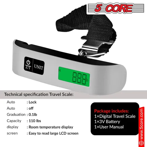 Miniatura 6 de 5 Core LSS-004 - Báscula digital para equipaje, pantalla LCD con retroiluminación y escala de equipaje con capacidad de 110 libras, báscula colgante