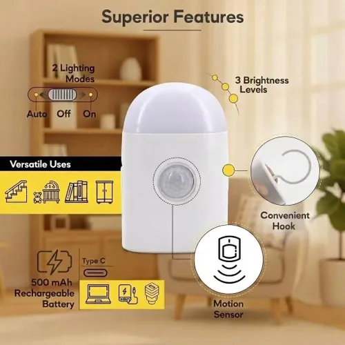 Miniatura 6 de Luz nocturna LED con sensor de movimiento, luz blanca cálida regulable recargable y gancho 2 modes: motion sensor & steady light,3 dimmable