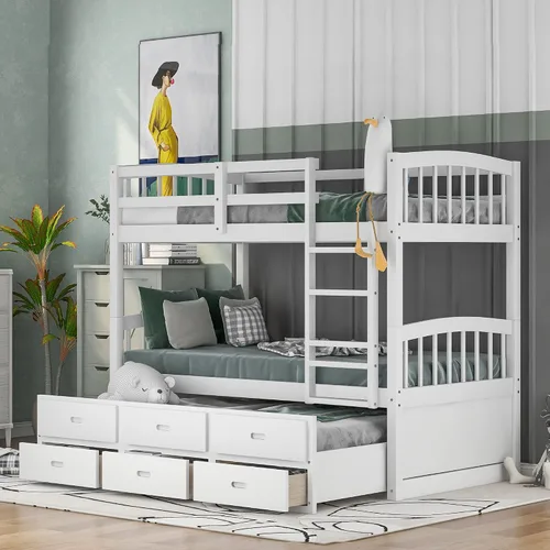 Miniatura 27 de Harper&Bright Designs - Litera individual sobre individual con barandilla de seguridad, escalera, cama nido individual con 3 cajones para niños