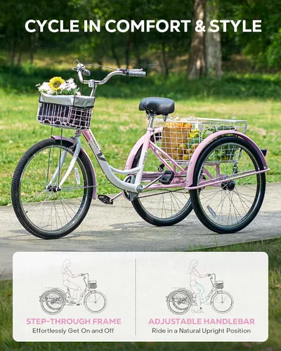 Miniatura 5 de VIRIBUS Triciclos para adultos para mujeres, triciclo de una sola velocidad para adultos con cestas con ruedas desmontables delanteras y traseras