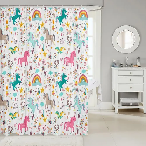 Miniatura 2 de Cortina de ducha de unicornio para niños, cortina de baño de dinosaurio de dibujos animados, conjuntos de accesorios de baño Kawaii de animales