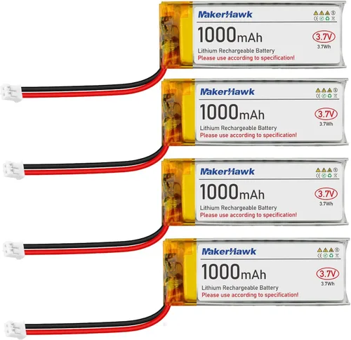 MakerHawk Paquete de 4 baterías LiPo de 3.7 V 1000 mAh recargables 1S 102050 baterías de polímero de litio con placa de protección dual, conector