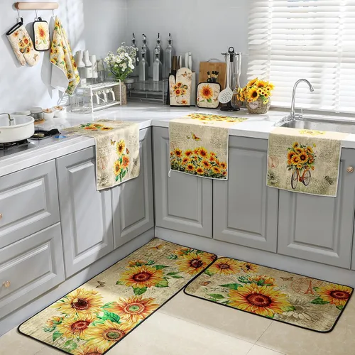 Miniatura 7 de Fourluoo Juego de 10 toallas de cocina de girasol, guantes de horno y soportes para ollas, juego de decoración de cocina de granja para mujeres