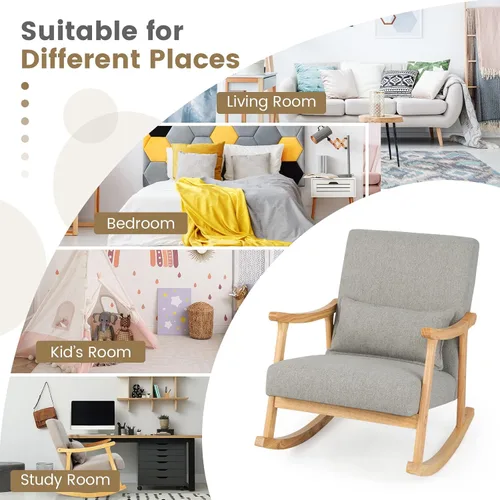 Miniatura 9 de Giantex Mecedora tapizada – Moderna mecedora con marco de madera de goma, cómodo respaldo y asiento, almohada acolchada de polipropileno, mecedora