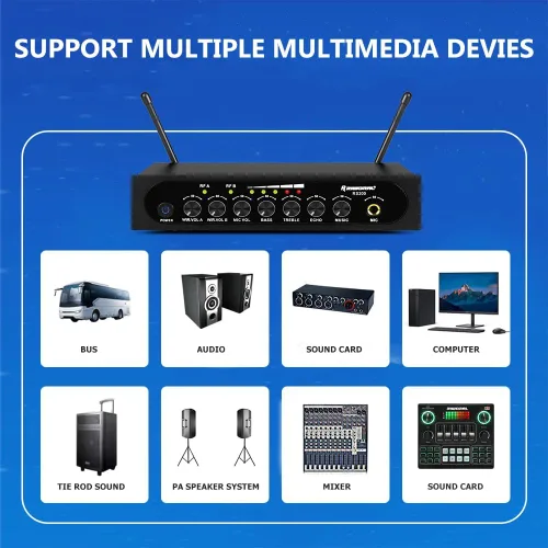 Miniatura 9 de Sistema de micrófono inalámbrico Micrófono dinámico inalámbrico UHF Micrófono de mano inalámbrico de doble canal con Echo Bluetooth Control