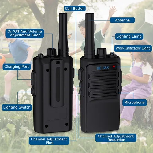 Miniatura 8 de Walkie Talkies para niños, paquete de 2 unidades, 2 millas de alcance recargable para niños, 16 canales, radio de 2 vías con linterna, juguetes Negro
