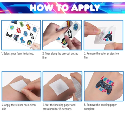 Miniatura 5 de 96 piezas de tatuajes temporales retro de píxeles para niños, decoración de fiesta de cumpleaños temática de videojuegos, suministros de decoración