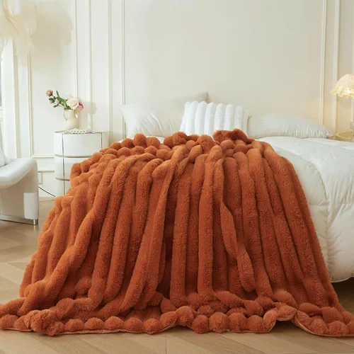 Miniatura 14 de MEGO Manta mullida de piel sintética de conejo, manta mullida de lujo con rayas acanaladas para cama, sofá, silla, manta peluda color marfil