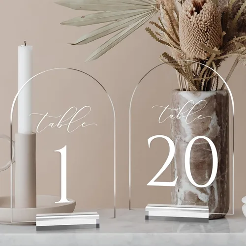 Miniatura 12 de Números de mesa de arco transparente para boda, mesa de acrílico arqueada de 5 x 7 pulgadas, números 1-10 con soportes, letrero de arco de acrílico