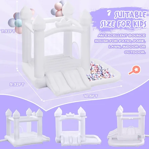 Miniatura 3 de FINCOME Casa inflable de rebote blanca, castillo inflable con doble tobogán de bolas de 370 W para niños pequeños, castillo inflable para interiores
