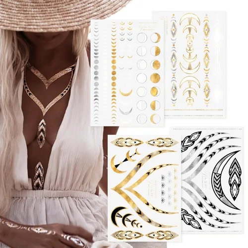 Flash Tattoos Lunar Love - Tatuajes temporales metálicos auténticos, paquete de 4 hojas (negro/dorado/plateado/blanco) – Incluye más de 38 tatuajes
