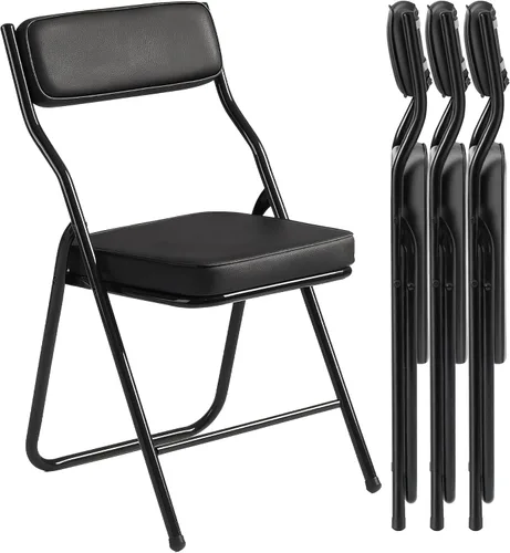 Miniatura 14 de Paquete de 2 sillas plegables acolchadas negras con cojín y respaldo de piel sintética, silla de comedor plegable tapizada con marco de metal