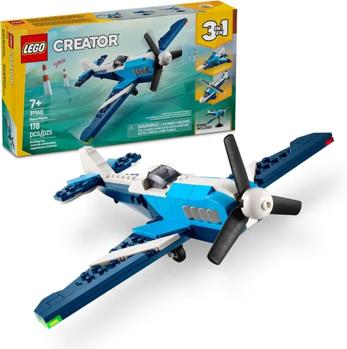 LEGO Creator 3 en 1 Avión de Carrera de Aviones Juguete - Juguete de Construcción con 3 Opciones de Construcción, Avión, Avión de Caza o Helicóptero