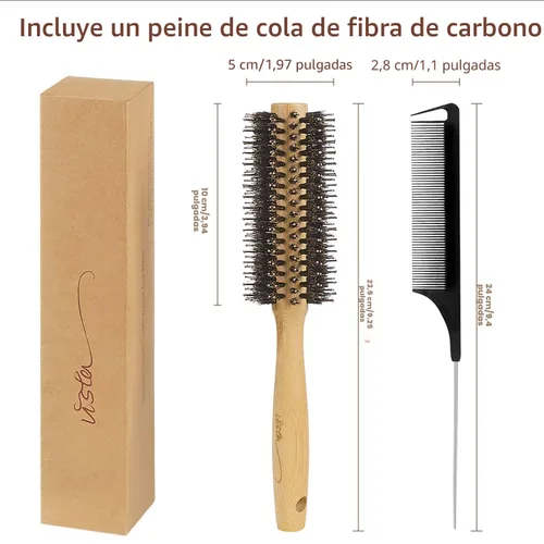 Miniatura 5 de Vista Cepillo redondo de bambú con peine de cola de alfiler, cepillo de cerdas de jabalí natural, cepillo redondo para secado por soplado