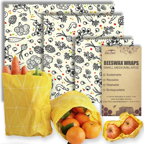 Miniatura 30 de Zelten Envolturas reutilizables de cera de abejas (3 paquetes, 3 tamaños S, M, L) sin plástico y silicona, envoltura ecológica, papel de cera